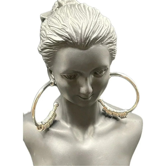 Vince Camuto Rhodium Plated Metal Rings Detail Ball Cap End Open Hoop Earrings - Picture 3 of 4